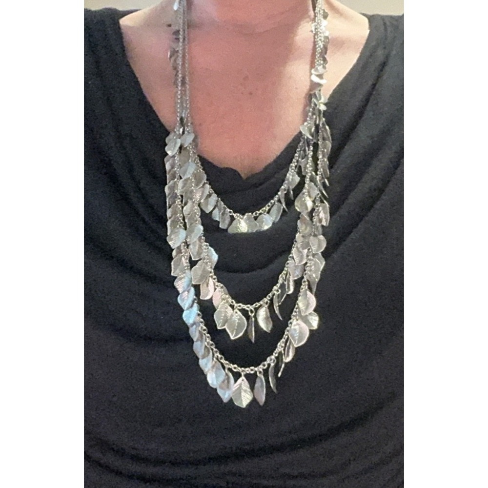 Silver Tone Necklace 3-Strand with Cascading Leaf Charms 17" Vintage 1990's